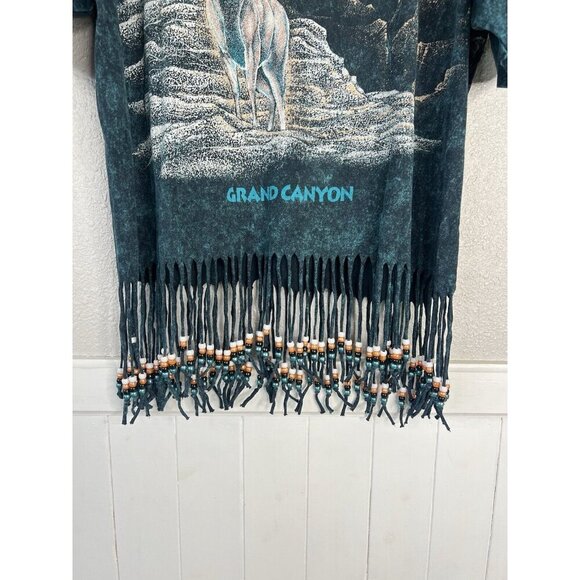 Vtg Fringe Beaded Grand Canyon Acid Wash Teal Shirt Large Elk Single Stitch 90s - Picture 5 of 13